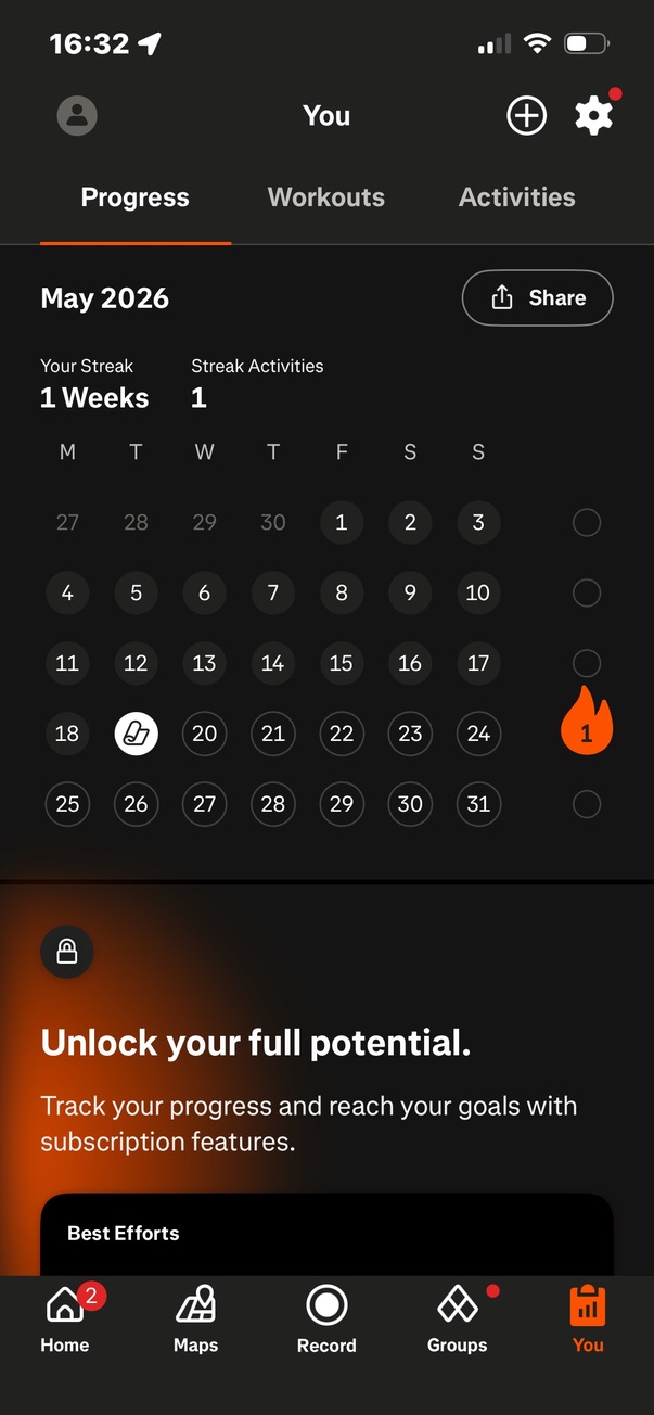 You tab streak calendar view showing the 12-week history grid, the current month calendar, and the "unlock your full potential" subscription prompt below